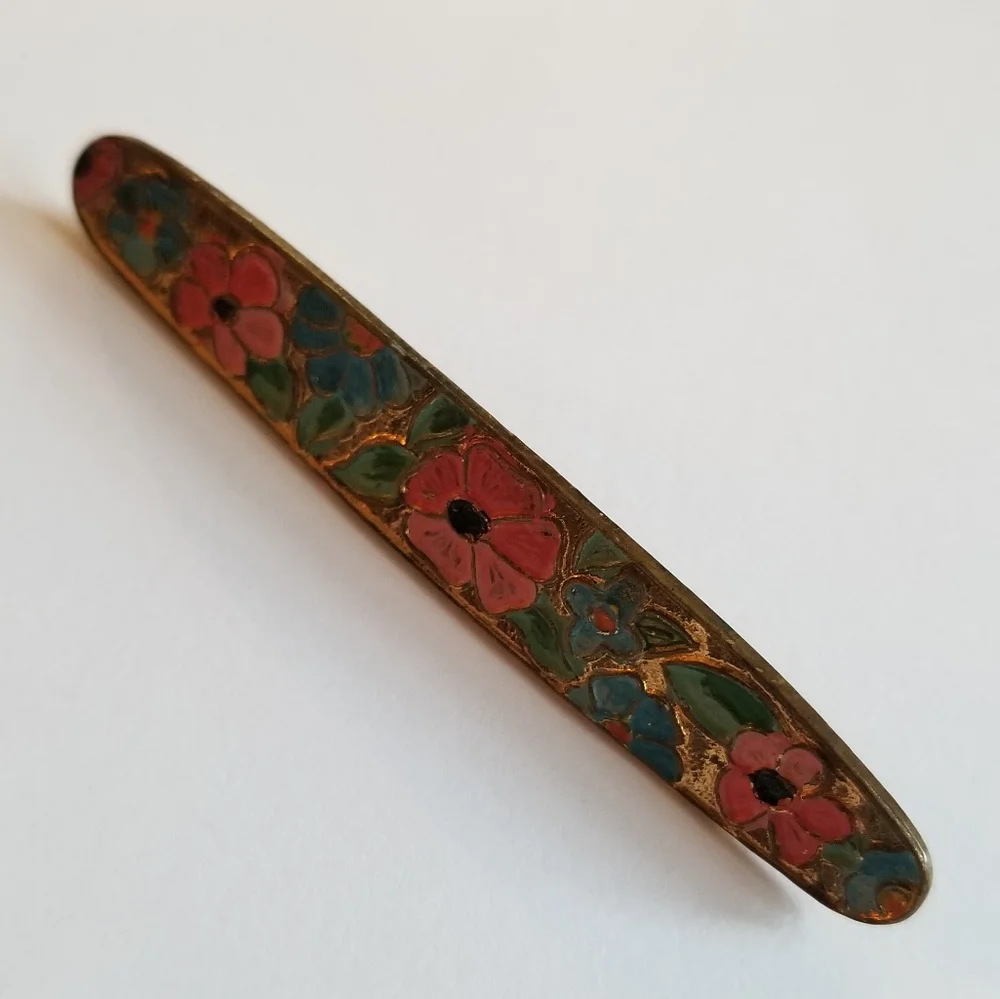 Vintage enamel flowers bar pin pink gold tone brooch floral